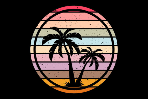 Retro Vintage Sunset Palm Tree, Flowers Graphics